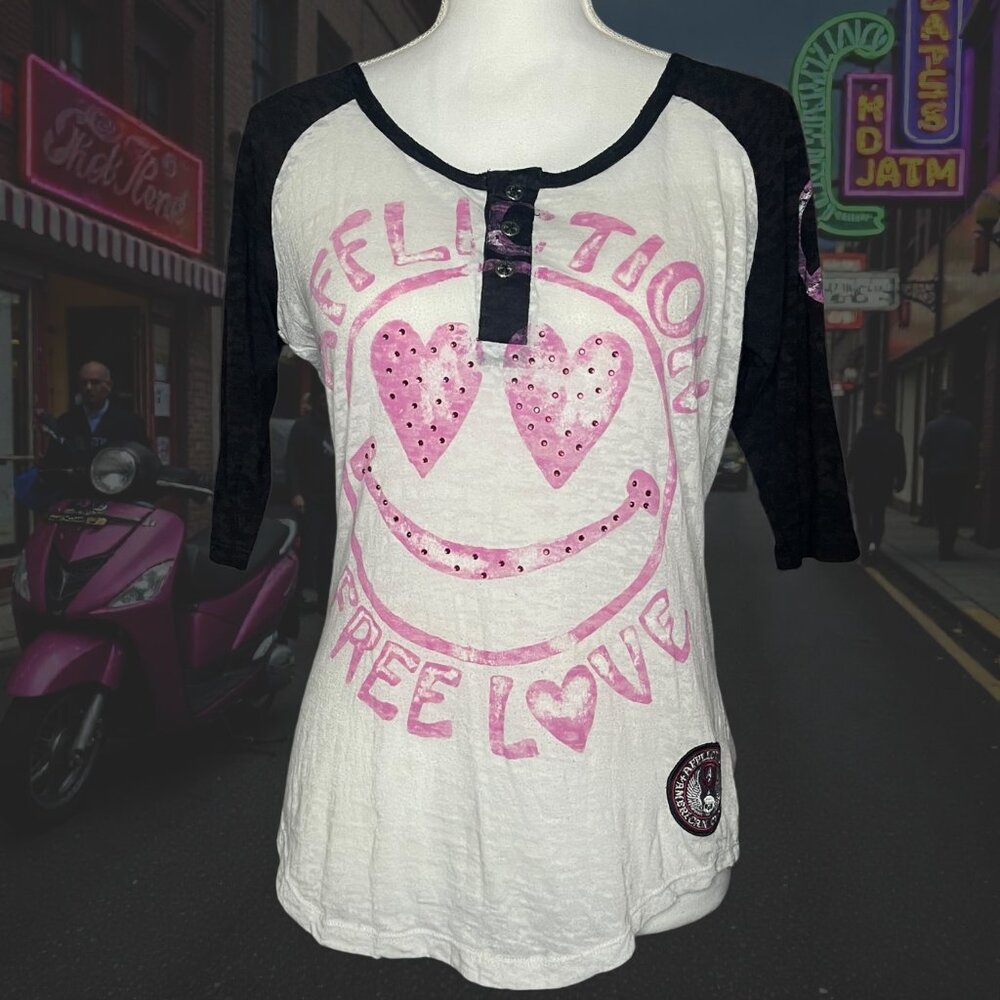 Affliction Free Love Women's M Pink Rhinestone Graphic Shirt Y2K Burnout Biker